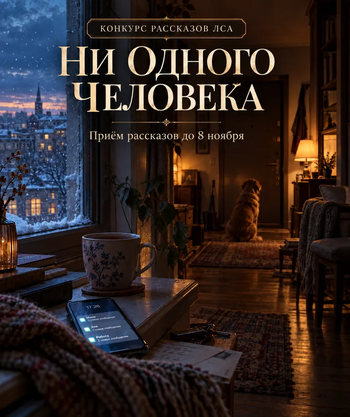 Афиша конкурса «Ни одного человека»: пустая квартира зимним вечером, остывший чай, телефон с непрочитанными сообщениями и собака у двери