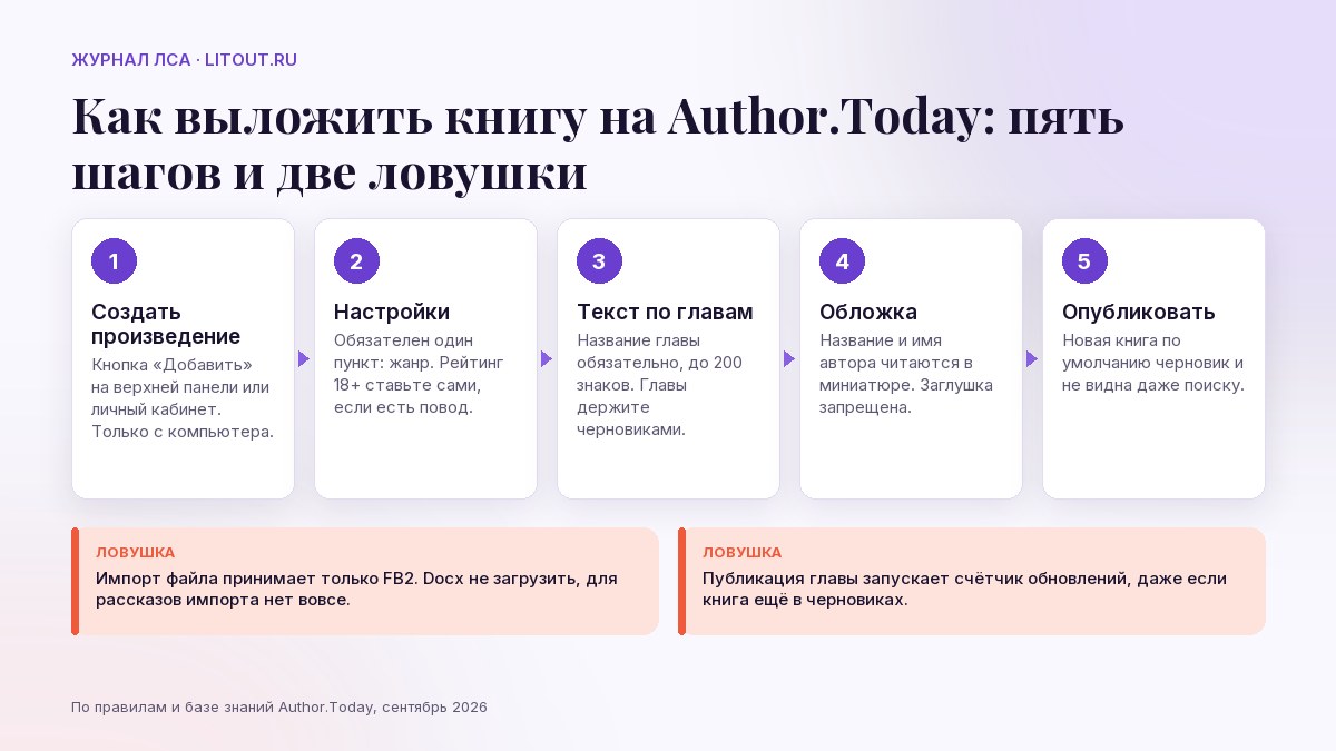 Как выложить книгу на Author.Today: пять шагов, создание, настройки, текст по главам, обложка, публикация, и две ловушки, импорт только FB2 и счётчик обновлений