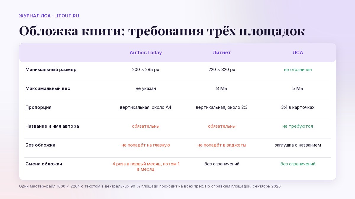 Требования к обложке книги на Author.Today, Литнете и ЛСА: минимальный размер, вес, пропорция, обязательный текст, лимит смен