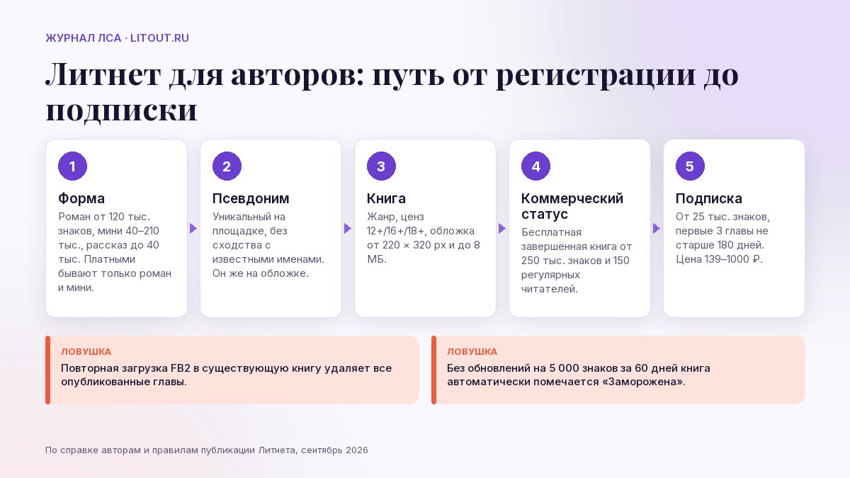 Литнет для авторов: путь из пяти шагов от выбора формы до подписки и две ловушки, повторная загрузка файла и автозаморозка
