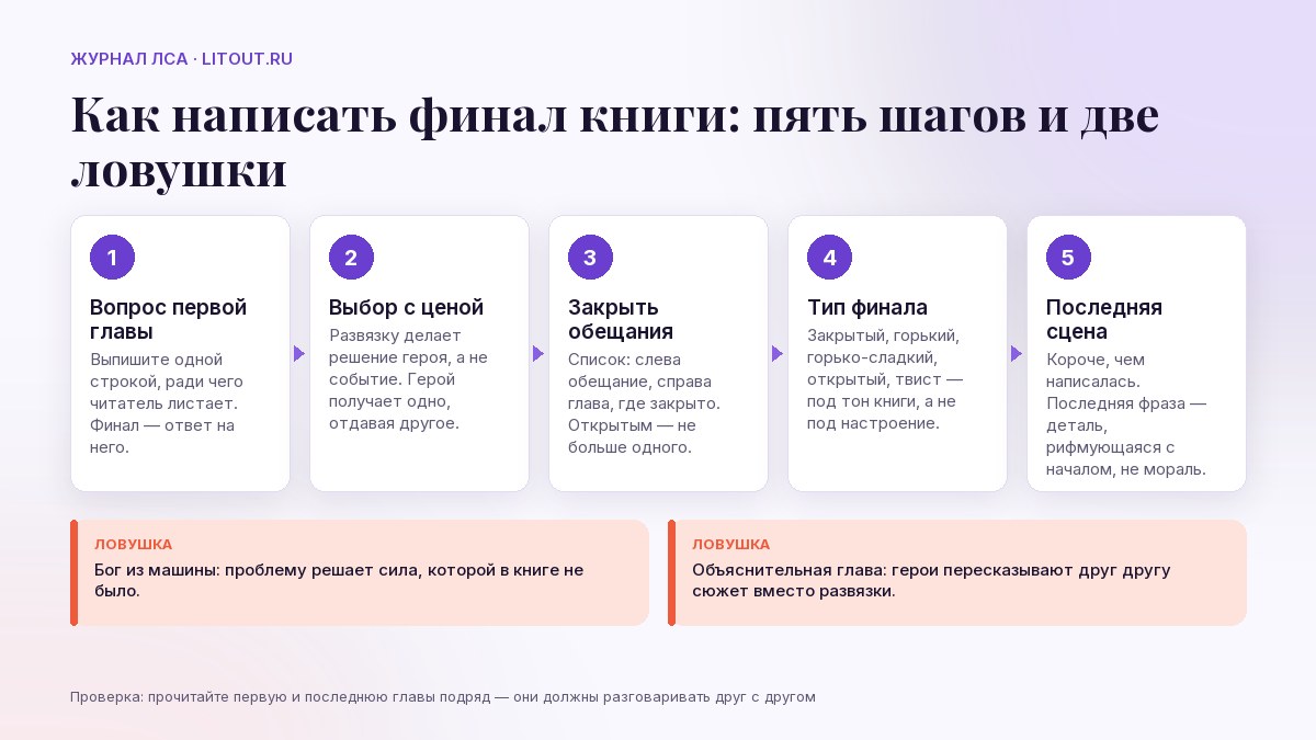 Как написать финал книги: пять шагов — вопрос первой главы, выбор с ценой, закрыть обещания, тип концовки, последняя сцена — и две ловушки