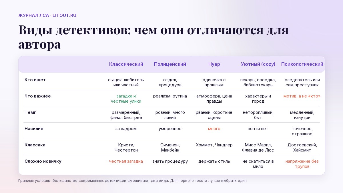 Виды детективов: классический, полицейский, нуар, уютный, психологический — сравнение для автора