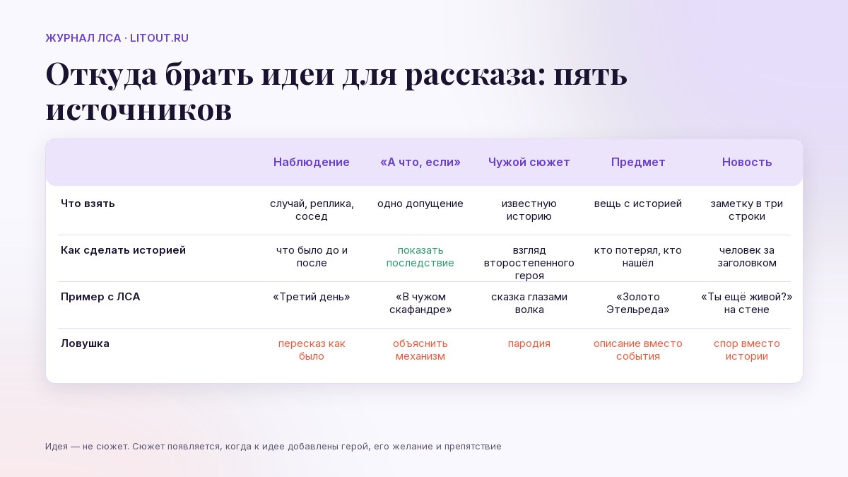 Откуда брать идеи для рассказа: наблюдение, «а что, если», чужой сюжет, предмет, новость — таблица