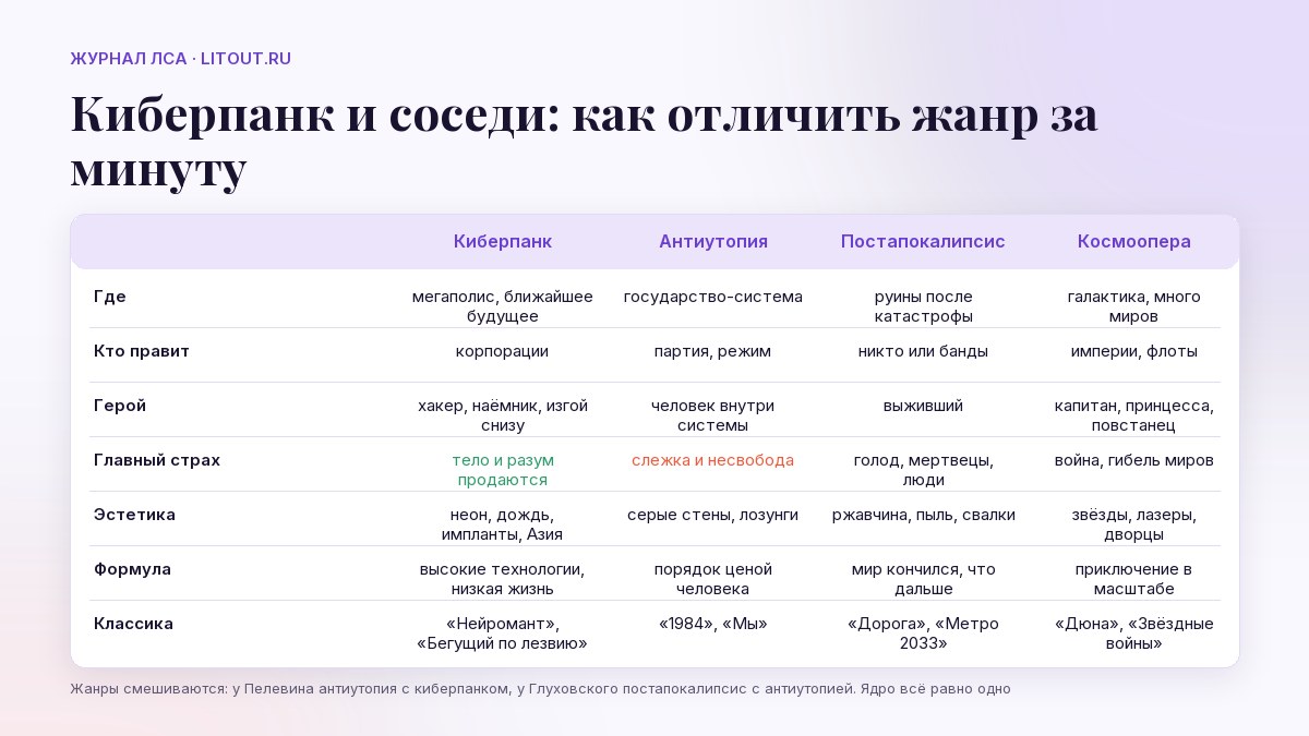 Киберпанк, антиутопия, постапокалипсис, космоопера — сравнение жанров в таблице